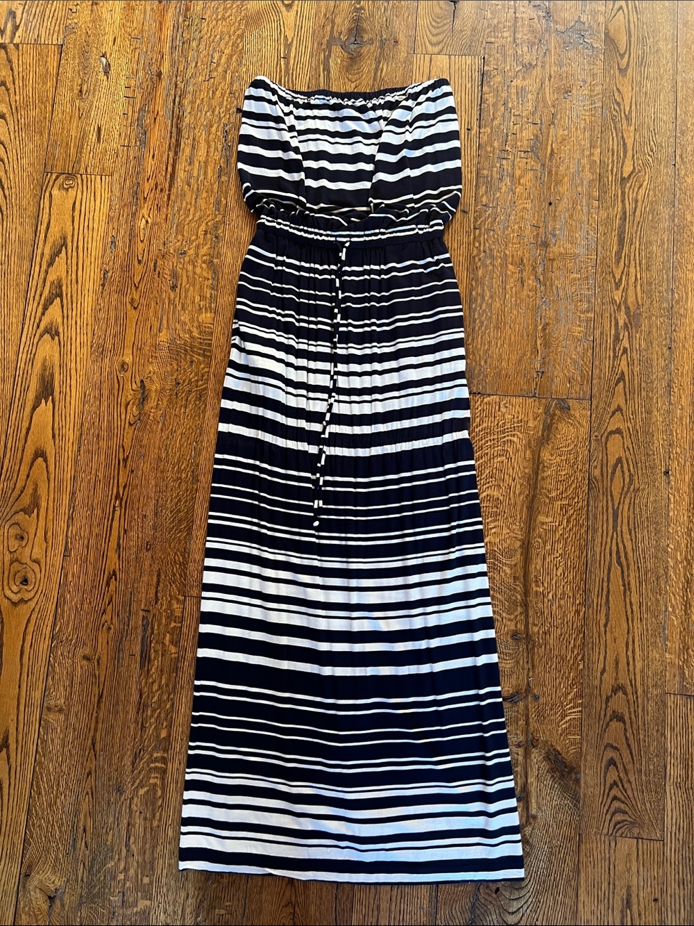 J. Crew Navy and White Strapless Maxi Dress with Drawstring Waist